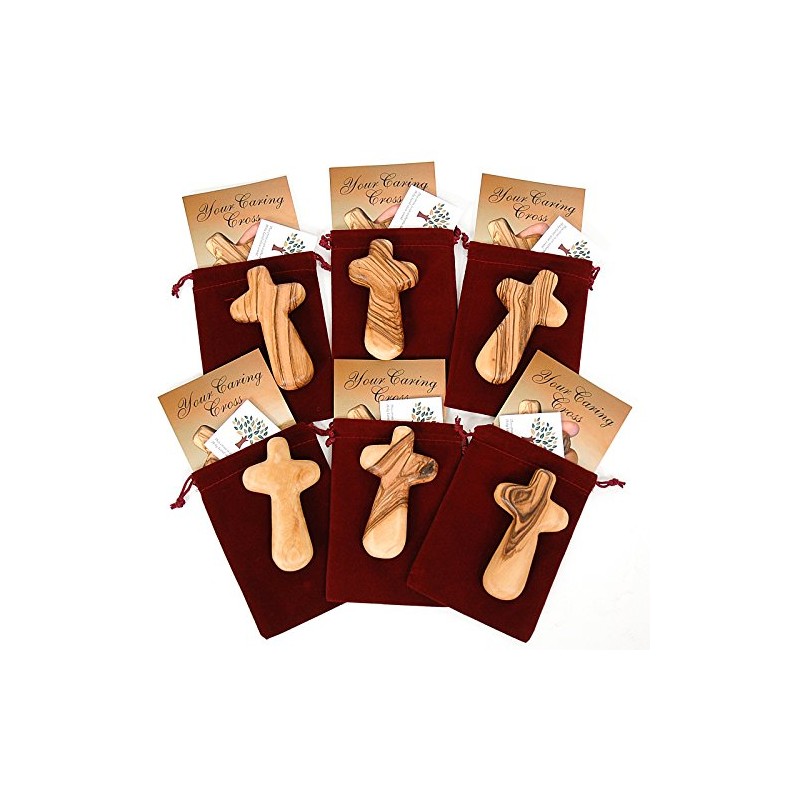 Certified Olive Wood Caring/Holding Cross with Bag and Card (6,