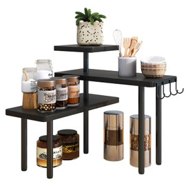 IBUYKE Countertop Organizer,3-Tier Spice Racks,Kitchen Counter Corner Shelf,4 Side Hooks,Adjustable Countertop Shelf for Kitchen, Bathroom, Coffee Bar, Cabinet, Desk,Black,TLJ023B