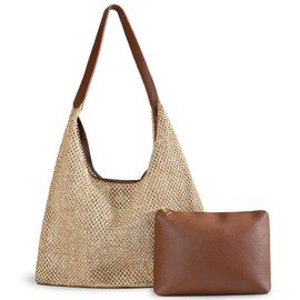 Straw Beach Bags for Women- Beach Bags for Women, Mesh Tote Bag Leather Hobo Purse with Pouch for Vacation, Travel Essentials