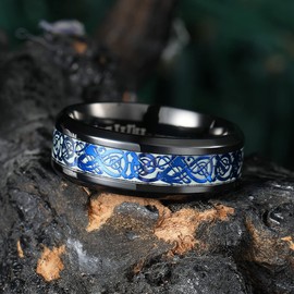 King Will Aurora Anillo de matrimonio, de titanio negro brillante, con dragón celta azul Aurora Luminou, unisex, 8 mm