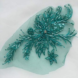 1pair Beautiful Sequin Bead Flowers Embroidered Iron on Applique Patches (Green C)