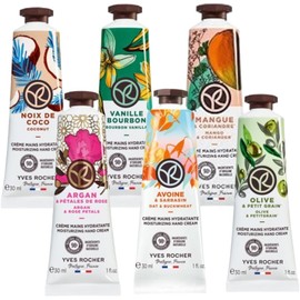 YVES ROCHER cremas de manos HIDRATANTES aromas ESTIMULANTES y RECONFORTANTES: Coco + Vainilla + Mango y Cilantro + Argán y Rosas + Avena y Trigo Sarraceno + Oliva y Naranjo Amargo - COMBI PACK 6 PIEZAS - (75 ml C/U)