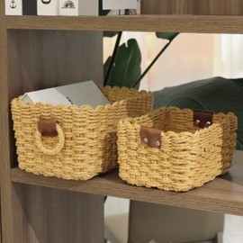 QINGTUHOME QingtuHome Small Paper rope baskets for Organizing,Cute woven storage Little basket for HomeShelves, Bathroom,Decorative basket,Set of 3 (Desert color)