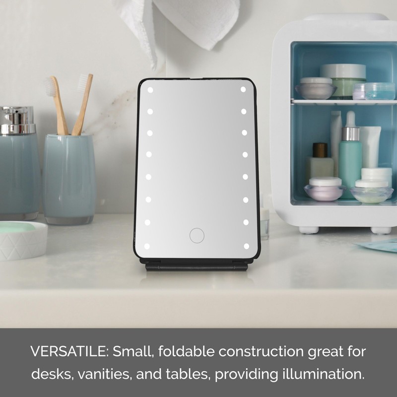 MELANNCO Folding Black LED Vanity Mirror, Dimmable LED Lights, Compact