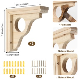 Gerrii 2 Pack Wood Corbels with Rod Hole 6" D x 6" H x 1.8" W Wooden Shelf Brackets Decorative Rustic Window Treatments Brackets Wooden Curtain Rod Bracket for Curtains Doorway Countertop Kitchen