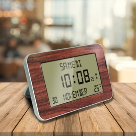 FISHTEC Radio-Controlled Alarm Clock - Calendar with Date Day and Time - Large Display - 2 Alarms - Temperature - 24 x 14 cm - Wall Mounting or Stand - Wood Look