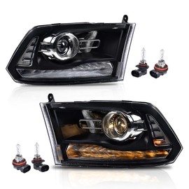 CNNELL LED Headlights Assembly Compatible with Dodge Ram 2013-2018 1500 2500 3500 Projector Headlamps Left Diver & Right Passenger Side 1 Pair Set Smoky Lens Black Housing Clear Reflector