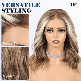13x6 HD Lace Front Wig for Women, 16-Inch Heat Resistant Synthetic Wavy Hair, Shoulder Length Glueless Lace Wigs for Daily, Party&Date (Blonde balayage)