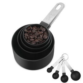 8 Stück Messlöffel Set, Kunststoff Messbecher und Löffel mit Edelstahlgriff, 4 Measuring Cups und 4 Löffel, Messwerkzeug für Flüssigkeiten und Feststoffe zum Kochen von Küchen (Schwarz)