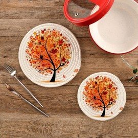 Boccsty Beautiful Autumn Tree Trivet Mat 2PCS Fall Orange Leaves Round Woven Potholders Kitchen Table Countertop Protector Hot Pads Farmhouse Coasters Counter Mats?for Cooking Baking