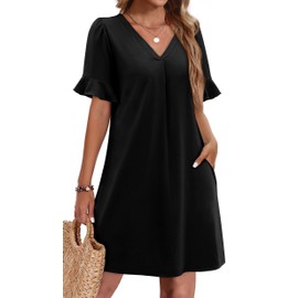 OFEEFAN Summer Dresses for Women Short Sleeve Ruched V Neck Semi Formal Dresses for Women with Pockets Black XL