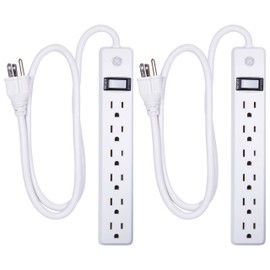 GE Paquete de 2 Protectores contra sobretensiones 6 Salidas, Cable de extensión de 3 pies, 450 Julios, Interruptor de Encendido/Apagado, disyuntor Integrado, garantía, listado UL, Blanco, 14709