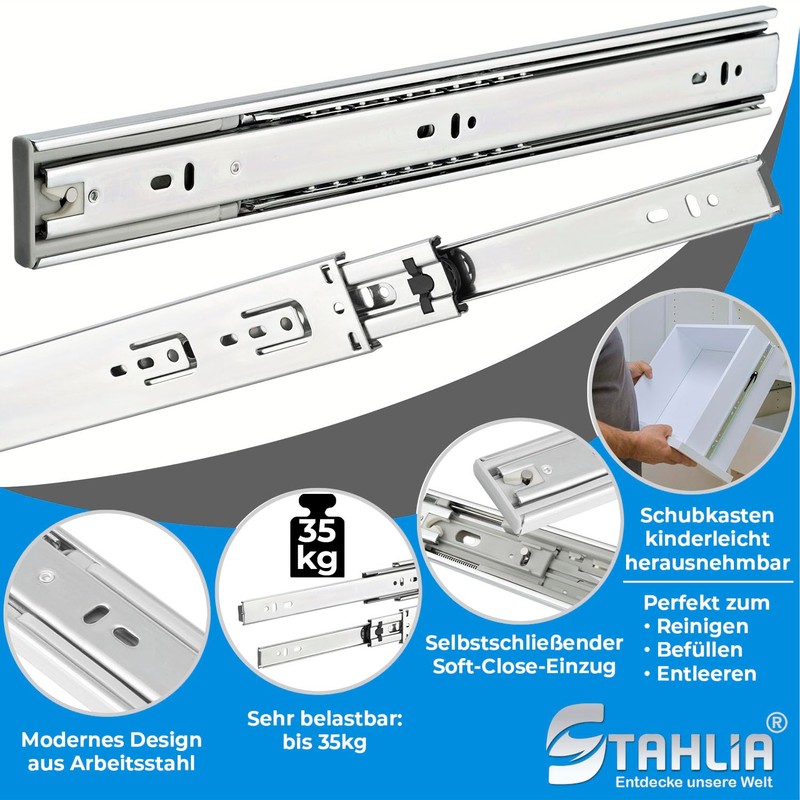 Drawer Runners, Pack of 2, Full Extension, with Self-Closing &