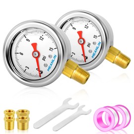MEANLIN MEASURE 2pcs 0~15Psi Stainless Steel Liquid Filled, 1/8" NPT 1.5" Glycerin Filled Pressure Gauge, Water Oil Air, Lower Mount, with 1/4" NPT and 3/8" NPT Hex Bushing
