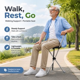 Folding Cane Seat for Outdoor Walking – Lightweight Walking Stick with Portable Rest Stool for Travel, Parks and Queues
