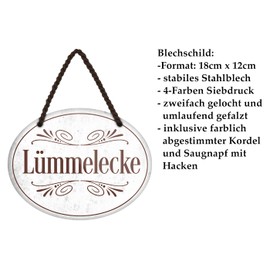 Lümmelecke Hanging Sign in Vintage Style Retro Decorative Sign for Favourite Place Chill Area Relax Zone Balcony Patio Oval Tin Sign with Cord and Suction Cup 18 cm x 12 cm