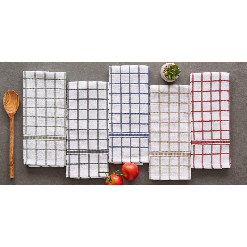 DII Basic Terry Collection Windowpane Dishtowel Set, 16x26, Stone, 4
