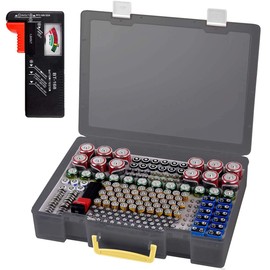 Battery Organizer Storage Holder- Batteries Case Containers Box with Tester Checker BT-168. Garage Organization Holds 225 Batteries AA AAA C D Cell 9V 3V Lithium LR44 CR2 CR1632 CR2032 (Black)