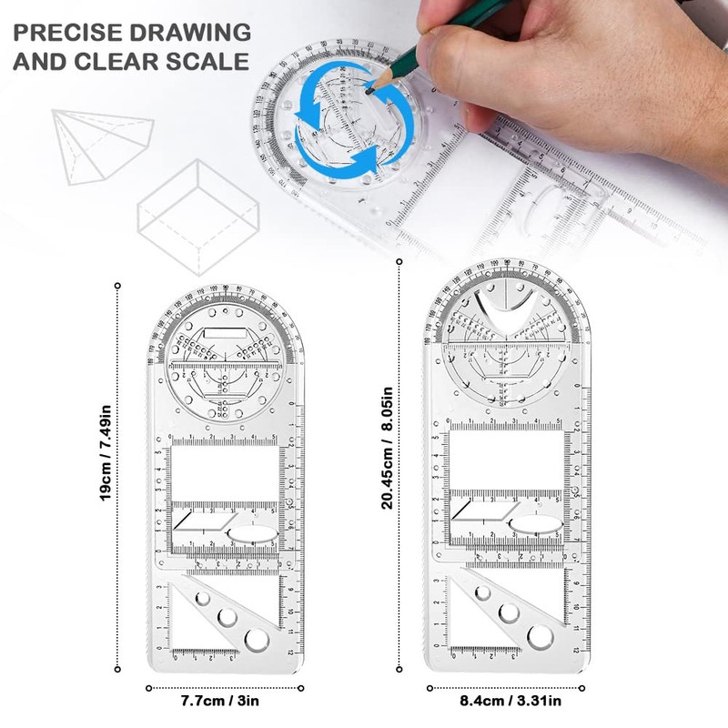 Vicloon Multifunctional Geometric Ruler, Drawing Template Measuring Tool Plastic Measuring