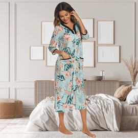 Verve Jelly Women's Zip Up Housecoat Half Sleeve Robe Full Length Nightgown Floral Print with Pockets Green M