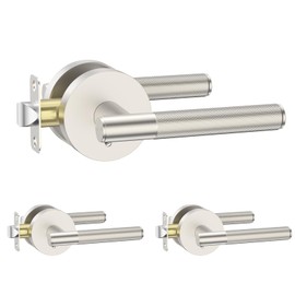 Amerdeco 3 Pack Brushed Satin Nickel Door Handles Interior, Knurled Privacy Door Handles,Heavy Duty Black Door Lever for Bedroom or Bathroom,Reversible Keyless for Left Right Handed Doors AM0016