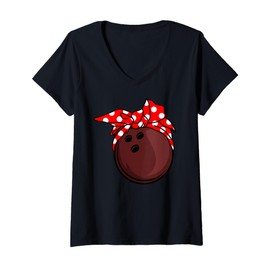 Womens Bowling Ball with Head Scarf Funny Bowling V-Neck T-Shirt