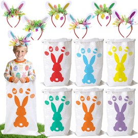 Ertyjikg 12 PCS Easter Potato Sack Race Bags with Headbands for All Ages Kids Easter Bunny Theme Party Favor,Easter Eggs Hunt Games Party Supplies Birthday Carnival Backyard Activities(6 Styles)