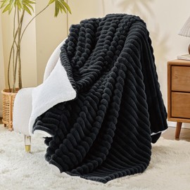 INFIIXSO Sherpa Throw Blanket for Couch - Super Soft & Warm Striped Fleece Blanket, Cozy Plush Fluffy Blanket All Season Use (Black, 50x60 Inches)