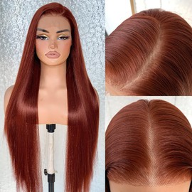 BlackSwern 13x6 Reddish Brown Lace Frontal Wigs, HD Glueless Synthetic Straight Lace Front Wig Pre-Plucked, Ready to Wear Similar Human Hair 200 Density, 32inch #33b reddish brown