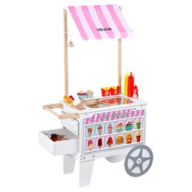 VEVOR Ice Cream Cart for Kids, 20+ PCS Accessories, Pretend Play Ice Cream Shop Kitchen Food Toys with Ice Cream Cone & Popsicle, Awning & Freezer, Storage Drawers & Flipping Menus, for Kids Aged 3-7