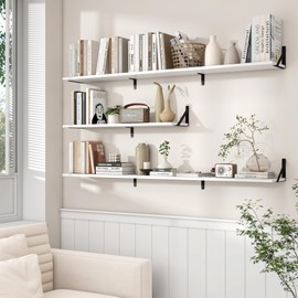 Axeman White Floating Shelves for Wall 55 Inches Long | 55W x 8D Rustic Wood Floating Shelves Set of 2 | 8" Deep Wall Shelves for Bathroom Kitchen Living Room | Bookshelf Display Shelves - White