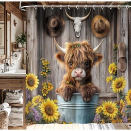 Aeivice Farmhouse Rustic Shower Curtain Cute Highland Cow Decor, Western Farm Funny Floral Animal Cattle in Bucket Sunflower Fabric Shower Curtain Set for Bathroom with 12PCS Hooks 72X72IN