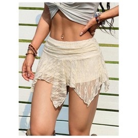 MakeMeChic Women's Floral Lace Skirt Asymmetrical Ruched Ruffle Hem Y2k Mini Skirts Beige Small