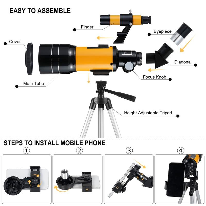 70mm Portable Refracting Telescope 300mm with Mobile Phone Adapter, Wireless