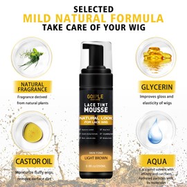 Lace Tint Melting Hair Mousse, 6.8 fl oz Lace Tint Mousse for Women Hair Wigs Lace Wigs Toupees and Hairpieces Natural Finishing Lace Color, Lace Tint for Wigs Tool Set (Light Brown)