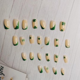 St. Patrick's Day Press on Nails Shamrock Green French Tip Fake Nails Medium Square Reusable Stick on Nails Glue on Nails Lucky Patrick’s Day Acrylic Artificial Nails False Nails for Women 24Pcs
