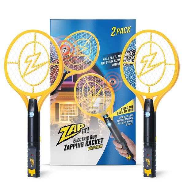 ZAP iT! Electric Fly Swatter Racket & Mosquito Zapper with Blue Light Attractant - High Duty 4,000 Volt Electric Bug Zapper Racket - Fly Killer USB Rechargeable Fly Zapper Indoor Safe - 2 Pack