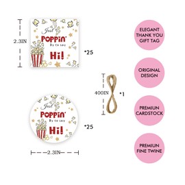 FORSHEEP 50pcs Just Popping By to Say Hi Thank You Tags, Popcorn Gift Tag with String for Movie Night Party, Round Thank You Paper Tags for Birthday / Popcorn Party Favors
