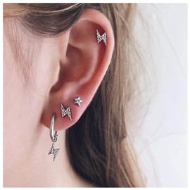 Cimenexe Punk Paved Lightning Hoop Earrings Crystal Lightning Bolt Dangle Earrings Silver Star Earrings Retro Cz Thunder Studs Earrings Set Jewelry for Women and Girls