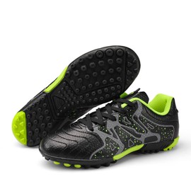 MiFeloo Kids Indoor Soccer Shoes Athletic Outdoor Turf Soccer Cleats Lace Up for Boys Girls Black/Green 2(M) US