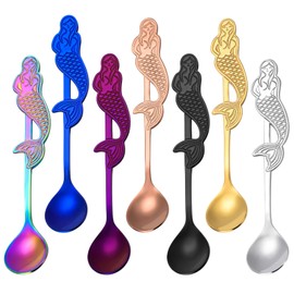 Pleafind Mermaid Coffee Teaspoons, 7pcs Stainless Steel Creative Coffee Gifts for Men, Cute Tea Spoons Set Ice Cream/Dessert/Stirring/Sugar Spoon, Christmas Birthday Men Gifts, Dishwasher Safe