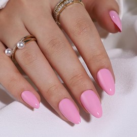 Pink Press On Nails Medium Short Almond Press On Nails, Pink Chrome Nail Tips Glue On Nails with Nail Glue, Reusable Stick On Nails in Gel Fake Nails Kit