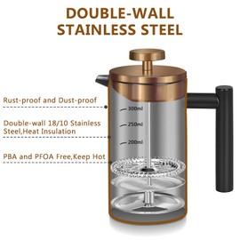 WORBIC French Press, 12oz Double-Wall Insulated French Press Coffee Maker, French Press Stainless Steel with 3 Level Filtration System and 3 Extra Filter Screens, for Home, Office Black
