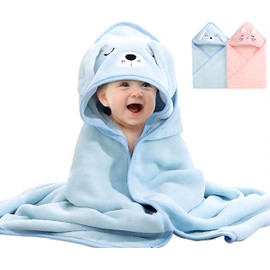 Baby Hooded Towels 2 Pack Casa Carina Premium Ultra Soft Bath Towel for Newborn, Toddler, Infant - Ultra Absorbent Baby Essential Gifts for Boys and Girls - Blue Dog & Pink Rabbit 80 x 80cm