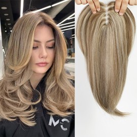 starluck 18 Inch Sandy Brown & Ash Blonde Layered Hair Topper with Bangs for Women, Synthetic Hair Toppers Hair Pieces Swiss Base with 3 Clips Toppers for Women with Thinning Hair Grey Hair Hair Loss