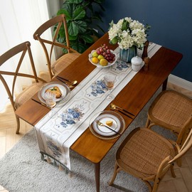 Embroidery Luxury Table Runner, Long Elegant Jacquard Table Runner Dresser Scarf with Multi-Tassels for Dining Room Party Banquet Table Decor, White, 14x95inch