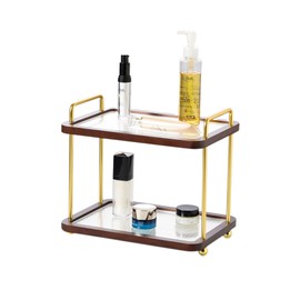 2-Tier Bathroom Counter Organizer with Transparent Stripe Acrylic Shelves, Brown Wood Frame and Black Metal Support, Rustproof Vanity Storage Rack for Skincare Cosmetics and Toiletries