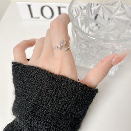 Pink Tulip Flower Ring for Women Cat Eye Stone Floral Wrap Finger Band Open Statement Ring Dainty Stacking Eternity Rings Bands Adjustable Jewelry