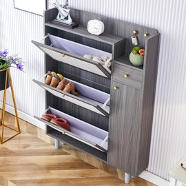 Udorich Elegant Modern Storage Cabinet for Shoes and Home Essentials, Retro MDF Design with Rattan Finish, Gray