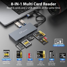 CFexpress Type B Card Reader, 8 in 1 Aluminum CF Express Memory Card Reader Support CF Express Type B/CF/XD/MS/TF/SD/USB, Mulit CFexpress Card Adapter with USB3.2 Gen2 10Gbps for Windows/Mac/Linux